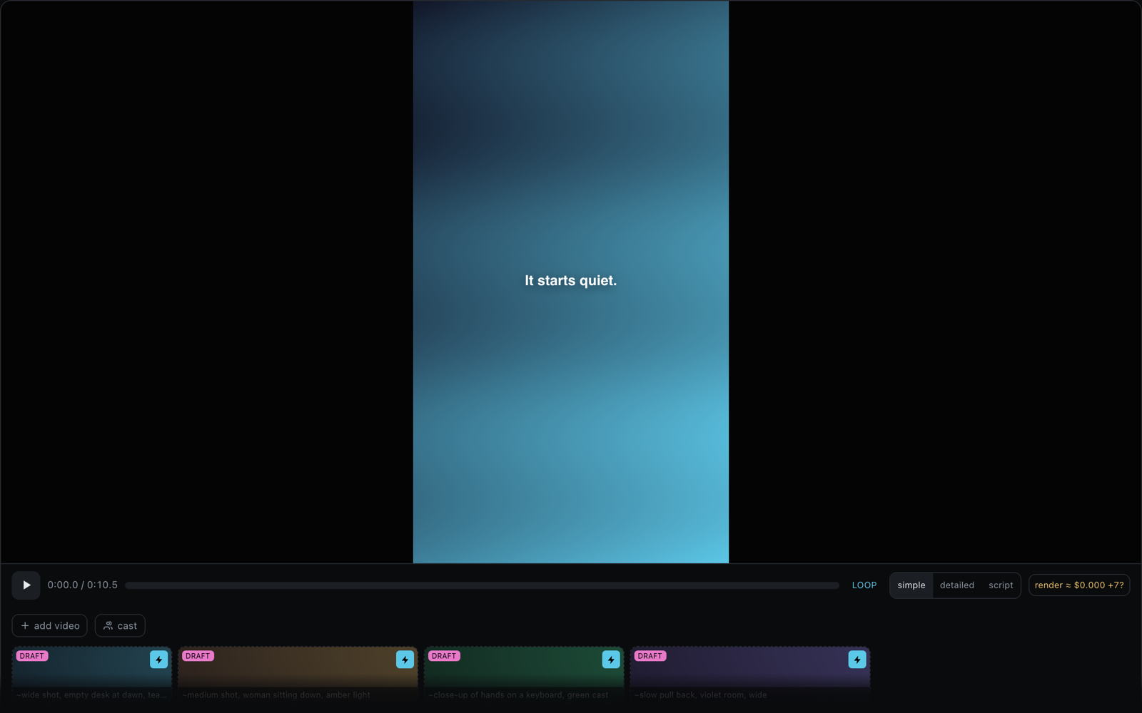 The Video Editor open inside 00 on qa-spot.mvideo.json: a vertical preview frame playing a still captioned It starts quiet., a strip of four draft segments below it each with a lightning button, and the render estimate.